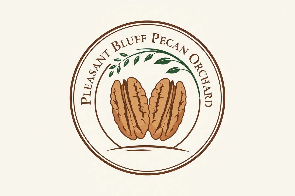 pleasant bluff pecan logo with fresh shelled pecans light brown in color